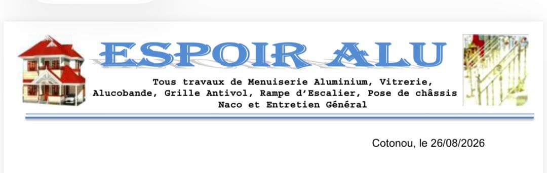 Carte de visite ESPOIR ALU — tous travaux de menuiserie aluminium, vitrerie, grilles antivol, rampes, Naco